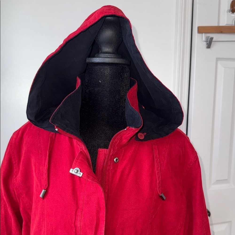 London Fog Long Red Trench Coat | Removable Hood | Women’s L | Lined - Picture 6 of 12